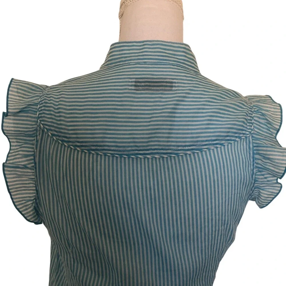Zara Striped Ruffle Blouse Womens Small Teal‎ White Sleeveless Button Up - Picture 7 of 10